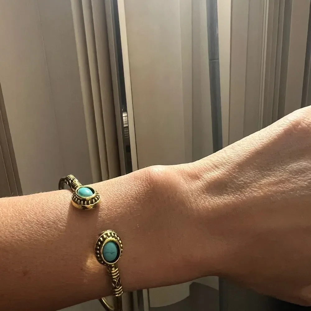 Bohemian Open Cuff Turquoise Bangle Bracelet Silver and Gold Pated